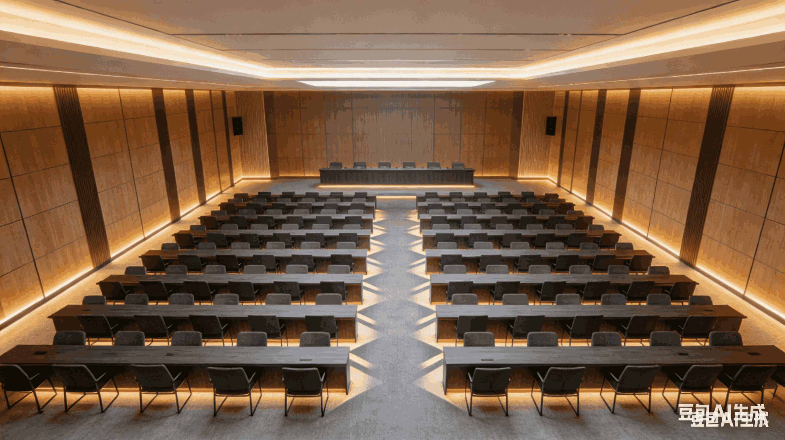 阶梯式座椅，正对巨型 LED 大屏，视野无遮挡（适配 100 人峰会