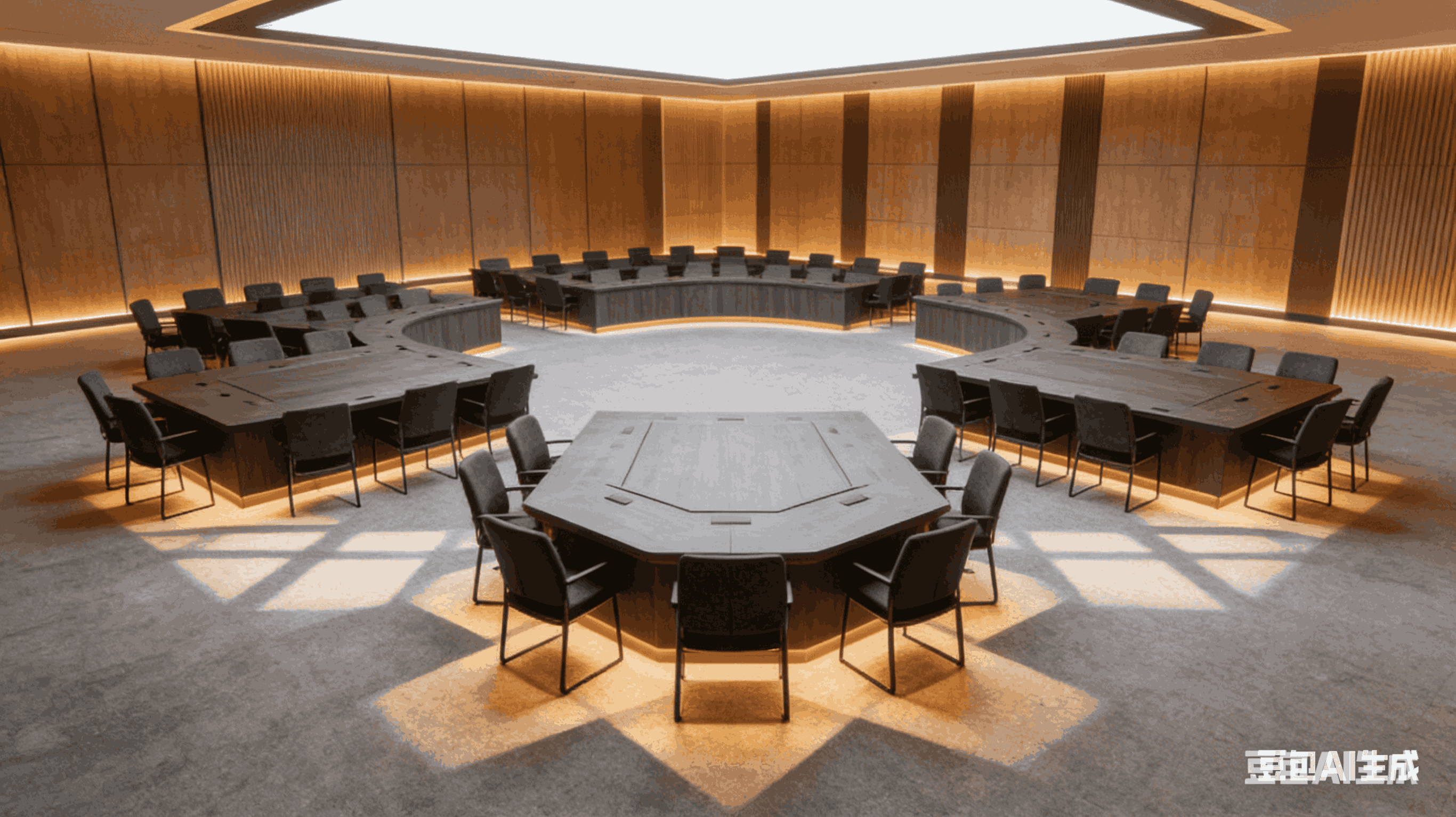 标准长桌排布，每人独立空间，适合 100 人培训考试