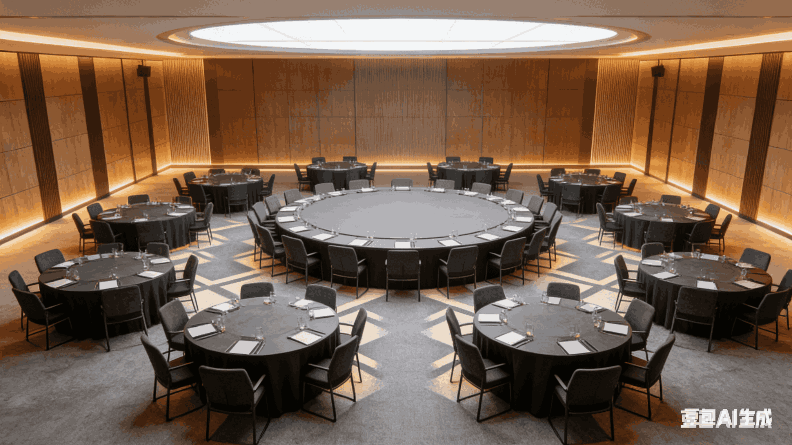 桌椅呈鱼骨状排列，便于讲师与学员互动