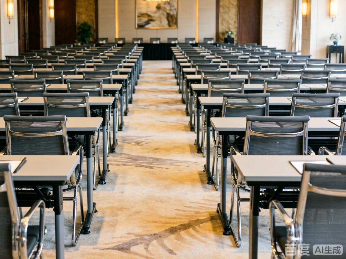 150人容量课桌式会场，双列规整排布，满足百人级会务需求