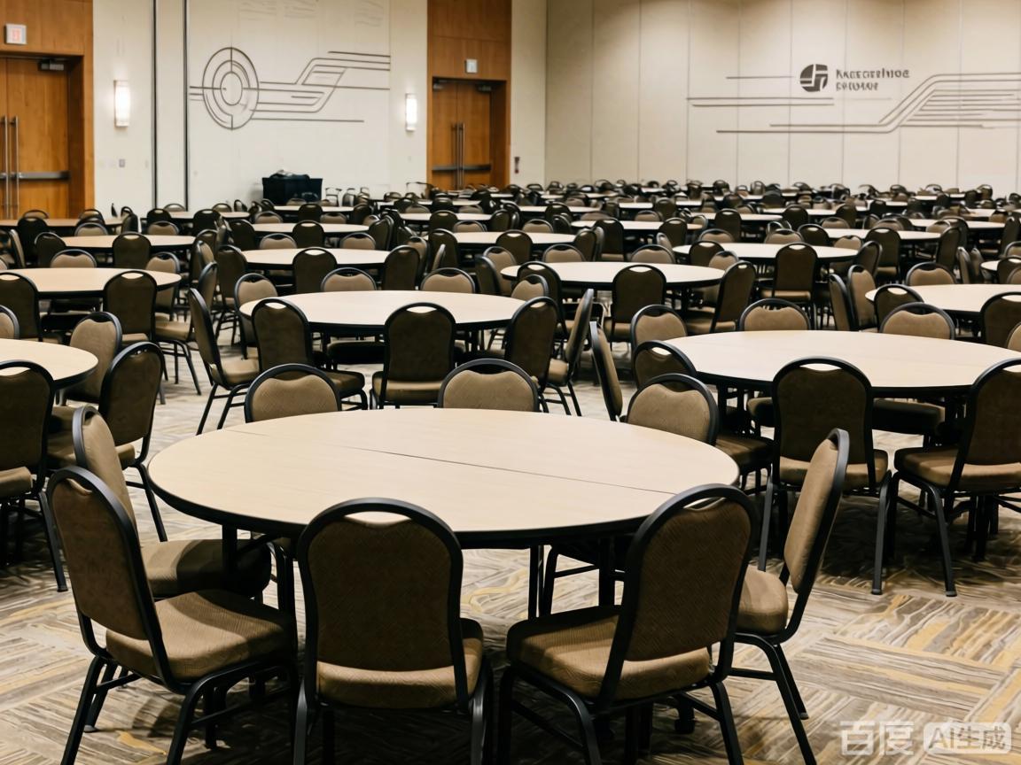 200人容量圆桌会场，灵活布局，适配企业大型团建/会议+用餐